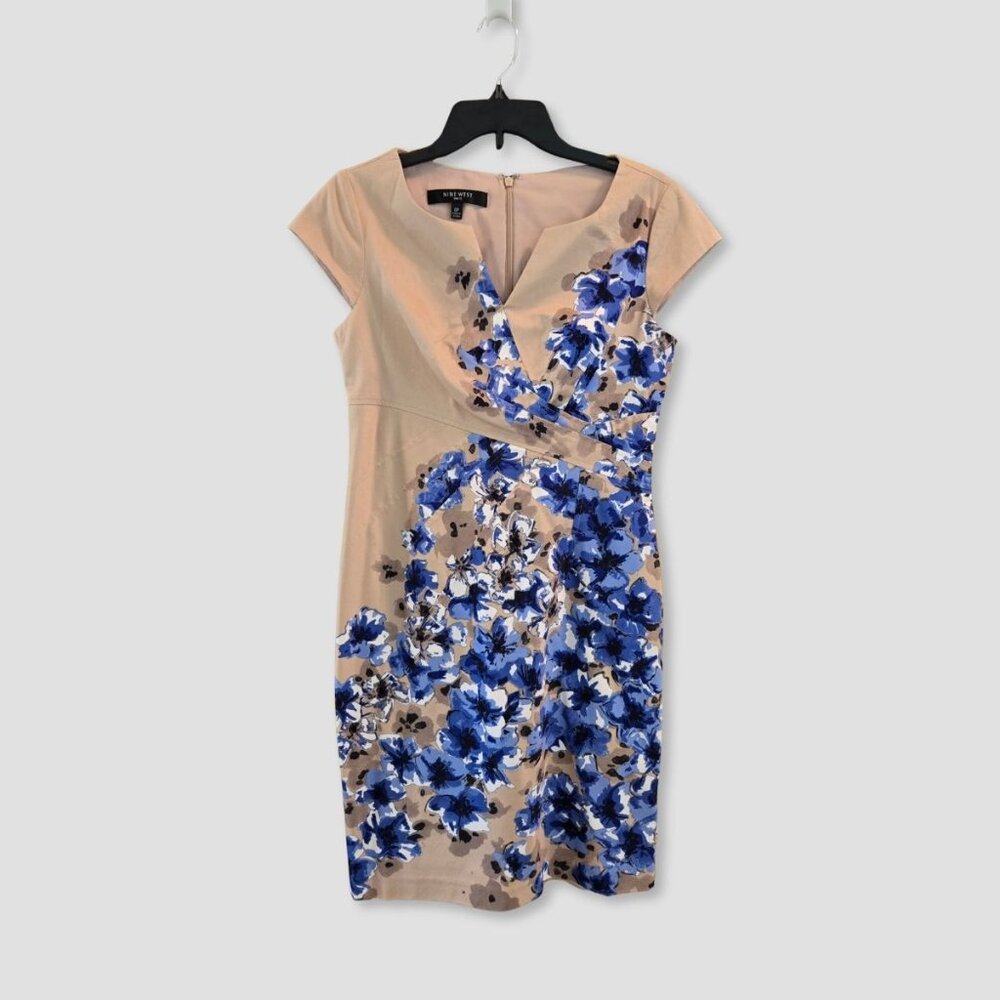 Nine West Tan & Blue Floral Cap Sleeve